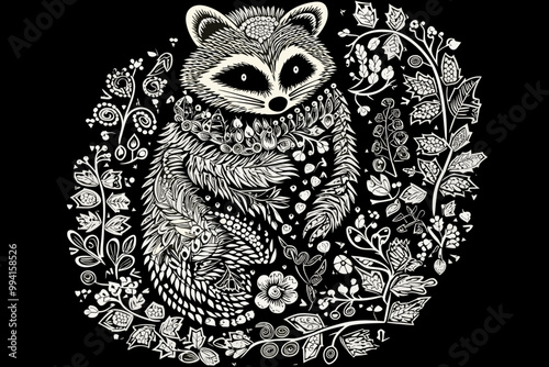 Detailed Black and White Raccoon Illustration with Ornamental Floral Patterns