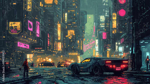 2d pixel art  of futuristic city, neon light, cyber punk, pixel art, 16-bit, 32-bit photo