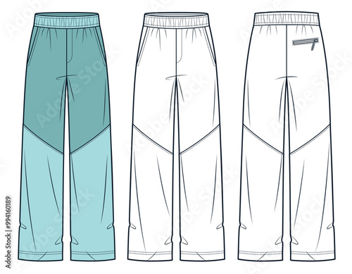 Jogger Pants fashion flat technical drawing template. Wide Leg Pants technical fashion illustration, elastic waistband, pockets, front and back view, white, green, women, men, unisex CAD mockup set.