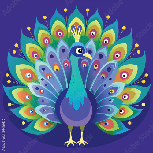peacock feather on a branch A peacock displaying its full array of colorful tail feathers, Hand drawn peacock Vector solid color background