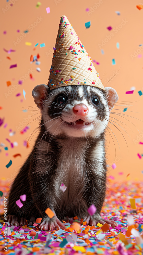 Fototapeta premium playful ferret wearing cone hat surrounded by colorful confetti