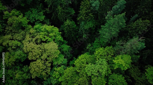 Lush green canopy of diverse forest trees captured from above during a bright sunny day in early summer