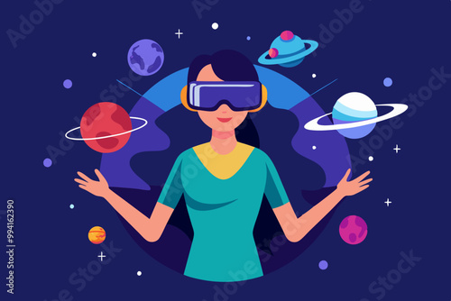 Metaverse entertainment. Flat vector illustration with woman wearing virtual reality glasses and VR headsets, interacting and exploring a virtual world. Concept of future innovations