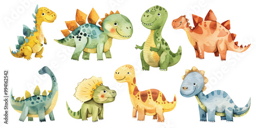 Set watercolor cute colorful baby dinosaurs isolated on transparent background