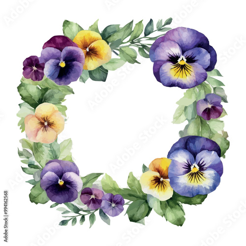 Vector beautiful floral watercolor frame with pink, purple and violet pansy.