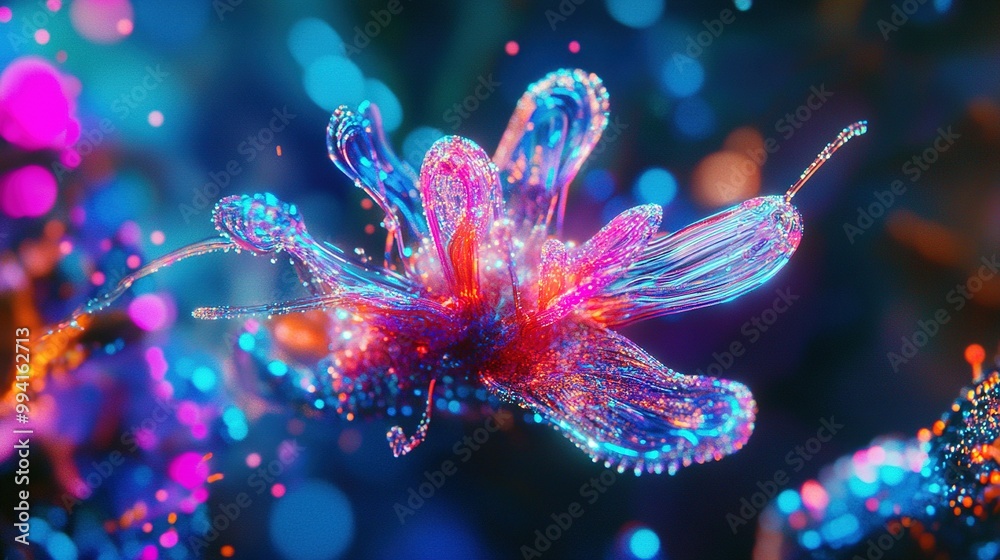 Naklejka premium Vibrant abstract flower with glowing details illuminated against a dark background at night