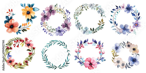 Set elegant watercolor decorative botanical flower frames border form circular shape for wedding invitations greeting cards isolated on transparent background