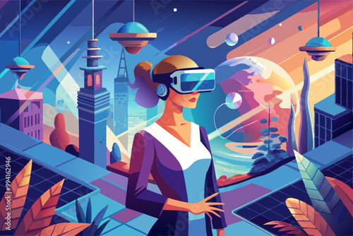 Metaverse entertainment. Flat vector illustration with woman wearing virtual reality glasses and VR headsets, interacting and exploring a virtual world. Concept of future innovations
