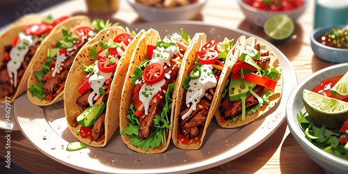 Wallpaper Mural Illustrate an anime style platter of colorful tacos. The tacos with grilled chicken, beef, and a variety of fresh toppings lettuce, tomatoes, cheese, and avocado slices. Torontodigital.ca