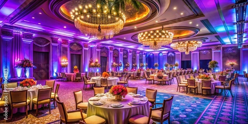 Elegant party setup in a luxurious hotel ballroom with beautiful decorations and ambient lighting