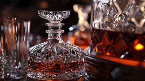A beautifully crafted crystal decanter surrounded by glasses, filled with amber liquid, exuding elegance and sophistication in a dimly lit setting.