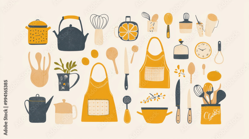 A vibrant illustration of kitchen utensils, cookware, and ingredients, featuring playful designs in yellow and muted tones. A vibrant illustration of kitchen utensils, cookware, and ingredients, featuring playful designs in yellow and muted tones.