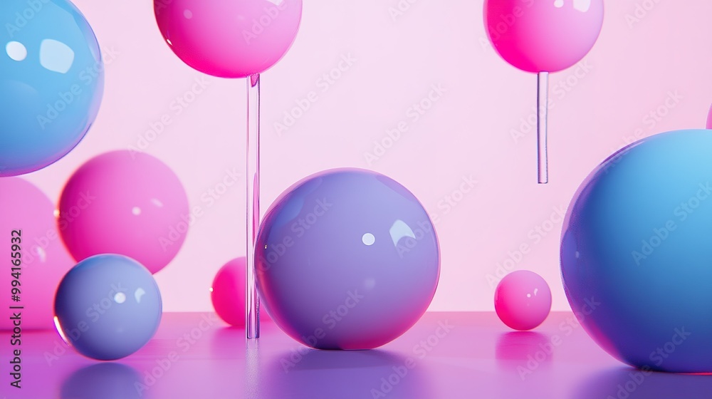 Colorful spheres and tubes float gracefully in a vibrant pink and blue setting, creating a playful and abstract atmosphere Colorful spheres and tubes float gracefully in a vibrant pink and blue setting, creating a playful and abstract atmosphere