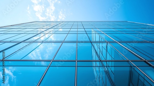 urban glass-paneled office building under clear blue skies showcasing modern corporate architecture and sleek design in a professional cityscape