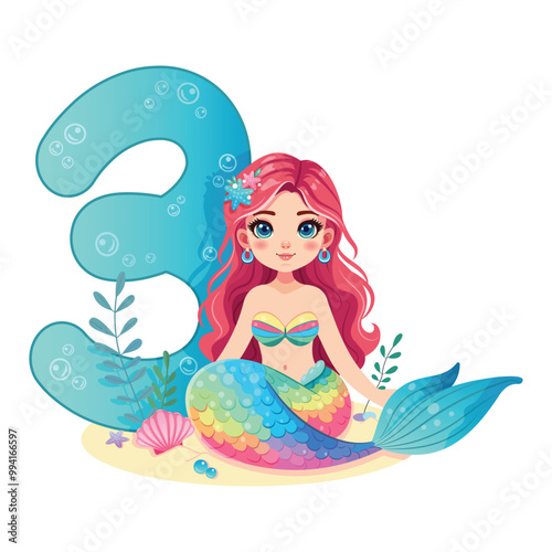 Illustration of a cute mermaid girl with a beautiful colored tail and water number 3 on white background. Happy Birthday concept. Vector Illustration in flat cartoon style