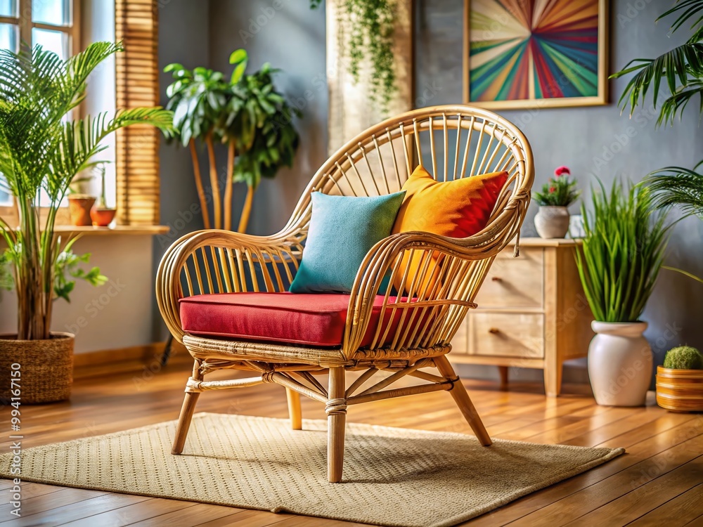 Obraz premium Elegant Rattan Chair in Cozy Living Room Setting for Stylish Home Decor and Relaxation Spaces