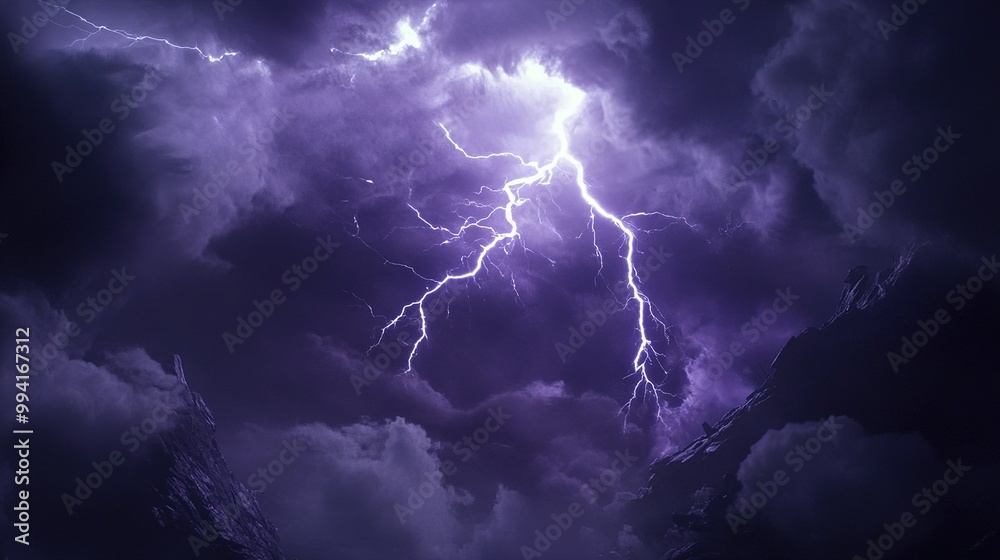 A powerful lightning strike illuminates a dark stormy sky over rugged mountains during a summer thunderstorm A powerful lightning strike illuminates a dark stormy sky over rugged mountains during a summer thunderstorm