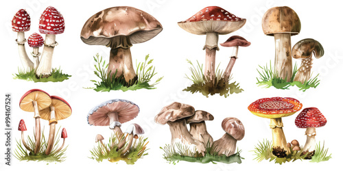 Set watercolor different kind of mushroom toadstool fungal spore design resources elements isolated on transparent background