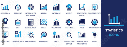 Statistics best solid icon set collection. Web statistics, survey, prediction, analysis, chart, graph, growth, meeting and presentation. Vector illustration.
