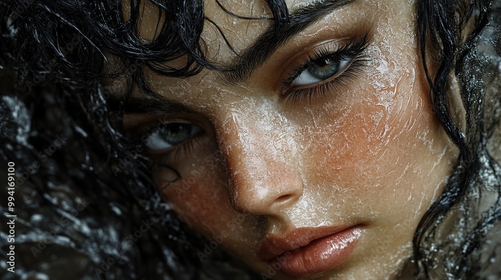 Intense Portrait of a Woman with Dramatic Makeup and Textured Skin Intense Portrait of a Woman with Dramatic Makeup and Textured Skin