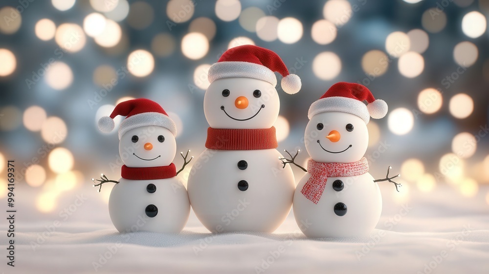 Three cheerful snowmen wearing festive hats and scarves, smiling against a backdrop of soft, glowing lights. Three cheerful snowmen wearing festive hats and scarves, smiling against a backdrop of soft, glowing lights.