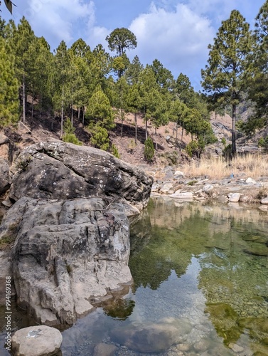 big rocks beside a pond with pine trees in the background on the hillside