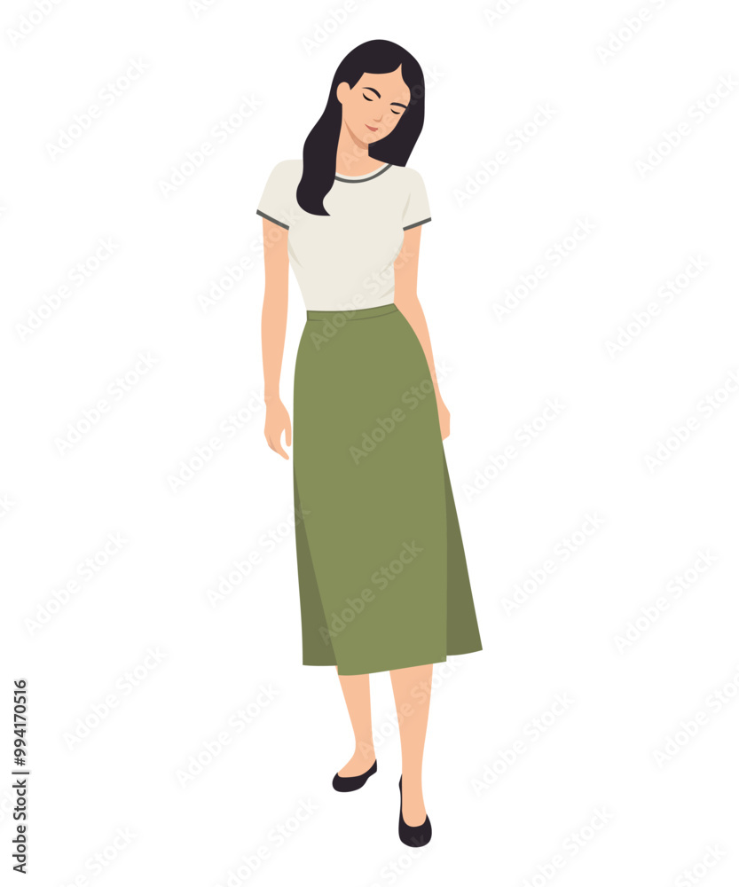 Vector illustration of a girl in a light t-shirt, green skirt and white shoes. Vector illustration of a girl in a light t-shirt, green skirt and white shoes.