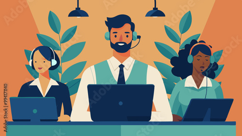 Office operators with headsets. Customer service, hotline operators, technical global support, customer support department staff. Vector

