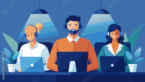 Office operators with headsets. Customer service, hotline operators, technical global support, customer support department staff. Vector
