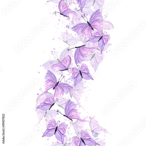 Fluttering pink, purple butterfly vertical curving undulating seamless pattern on watercolor colored splashes. Abstract flying tropical insect illustration for poster, birthday design, wedding decor