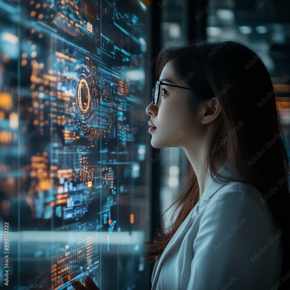 asian business woman looking at and interacting with 3d hologram of data and statistics in the office place asian business woman looking at and interacting with 3d hologram of data and statistics in the office place