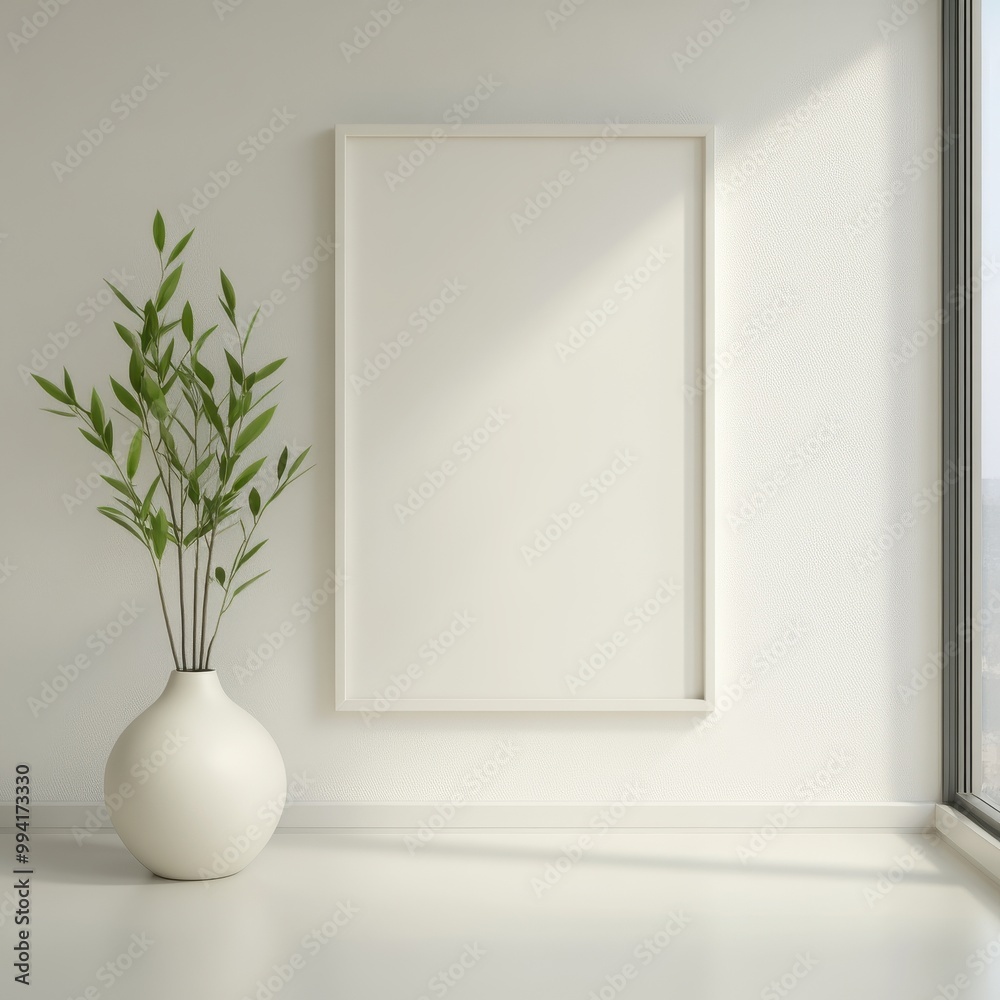 A white framed picture sits in a room with a white wall A white framed picture sits in a room with a white wall