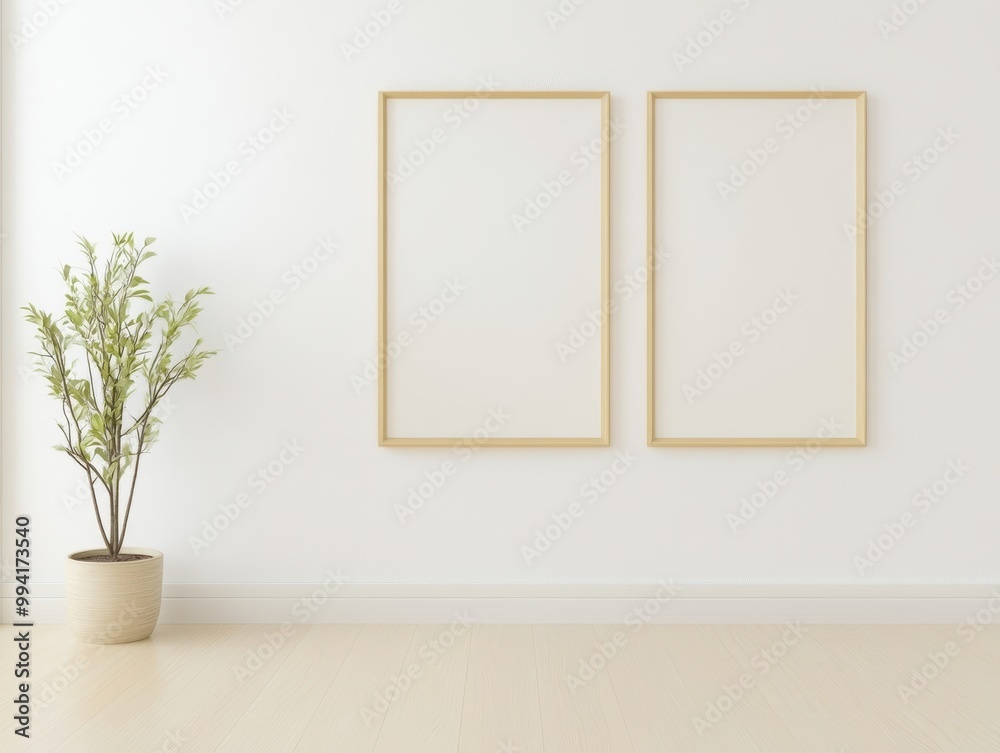 A white room with two empty frames on the wall and a potted plant in the corner A white room with two empty frames on the wall and a potted plant in the corner