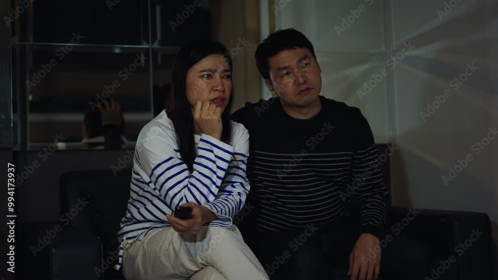 crying couple watching romantic movie TV on a sofa at night crying couple watching romantic movie TV on a sofa at night