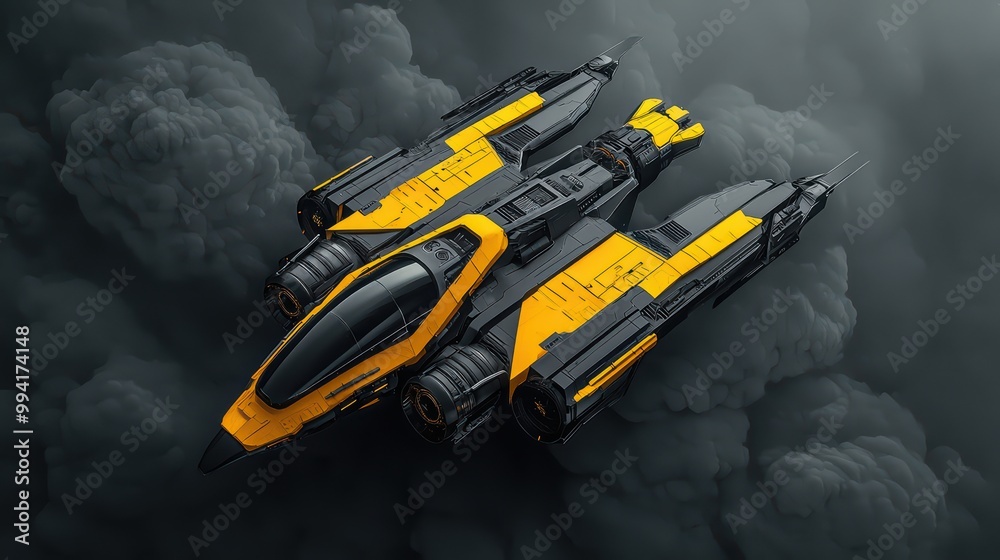 Futuristic spaceship design, black and yellow, flying through dark clouds. Futuristic spaceship design, black and yellow, flying through dark clouds.