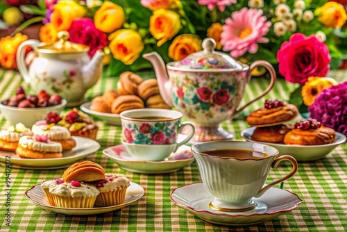 Elegant Tea Party Background with Vintage Teacups, Floral Tablecloth, and Delicious Pastries Displayed