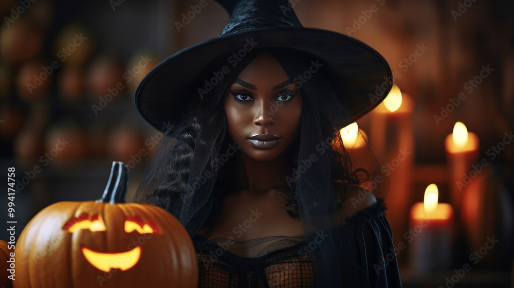 African American woman dressed as a witch on Halloween background African American woman dressed as a witch on Halloween background