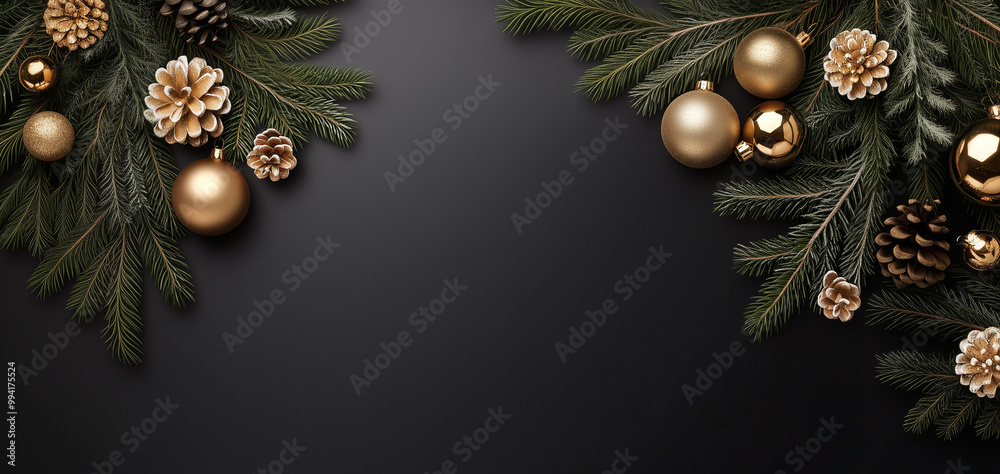Christmas banner made of spruce branches, golden glass balls, cones on a black background. Flat lay, an empty space for text. Christmas banner made of spruce branches, golden glass balls, cones on a black background. Flat lay, an empty space for text.