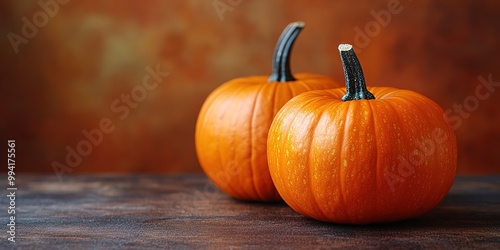 Fresh ripe pumpkin on orange background. Space for text mockup Halloween concept photo