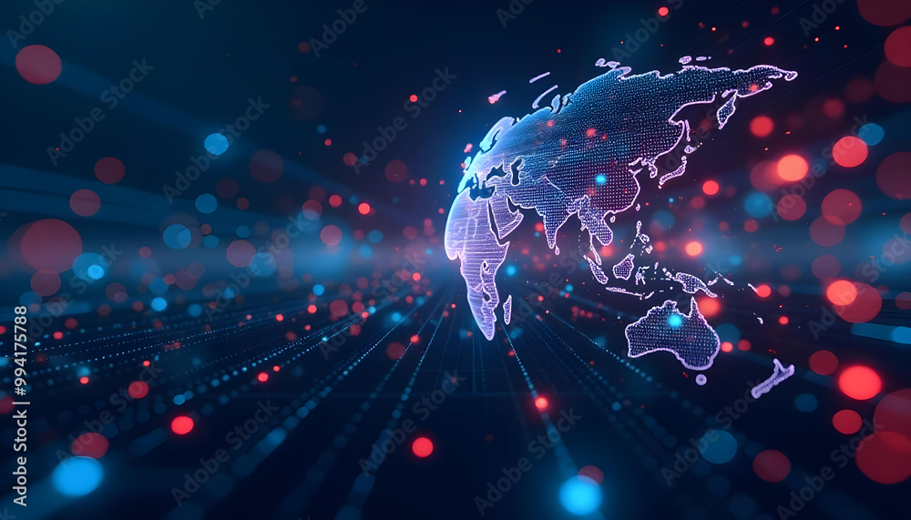 A digital world map with glowing lines connecting different regions, representing global connectivity and communication networks A digital world map with glowing lines connecting different regions, representing global connectivity and communication networks