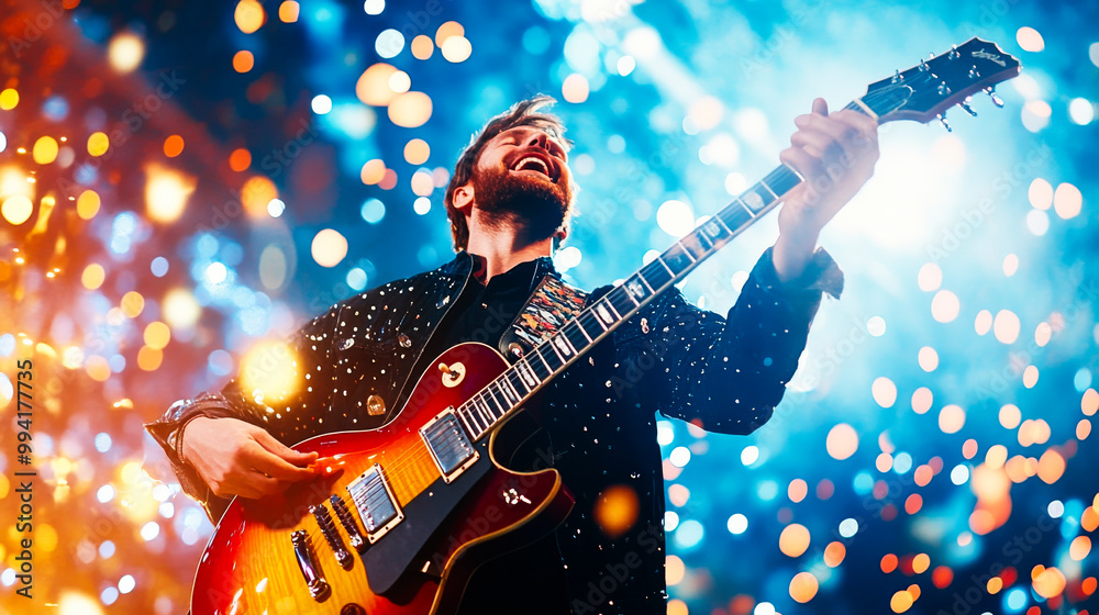 Obraz premium Rockstar Under the Fireworks: A passionate guitarist shreds on stage, bathed in the vibrant glow of fireworks and confetti. The energy is palpable, capturing the raw emotion of a live performance. 