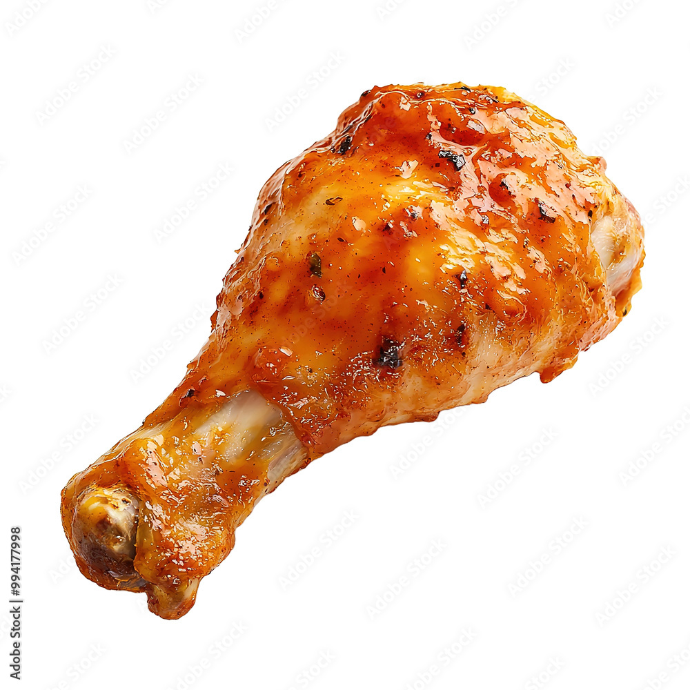 Close-up of juicy, top View, delicious-looking chicken drumstick with sauce on a transparent background Close-up of juicy, top View, delicious-looking chicken drumstick with sauce on a transparent background