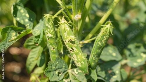 Autographa Gamma Caterpillar Damage on Pea Plants: A Detailed View of Holed Leaves Illustrating the Impact of Caterpillar Infestation on Plant Health