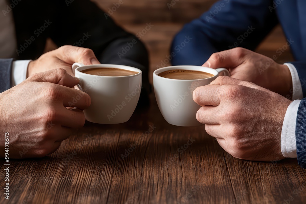 Two hands holding coffee cups with wooden table background. Two hands holding coffee cups with wooden table background.