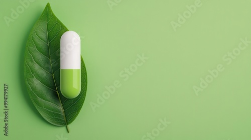 Pill-shaped eco-friendly package with a green leaf icon, emphasizing sustainable packaging in pharma