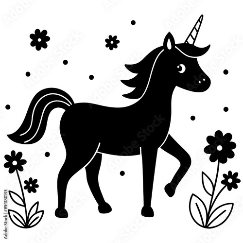 A cute cartoon unicorn walks in a clearing with flower silhouette vector illustration