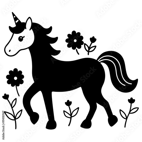 A cute cartoon unicorn walks in a clearing with flower silhouette vector illustration