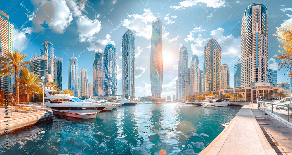 Obraz premium Promenade and canal in Dubai Marina, Dubai Marina promenade, Dubai Marina canal, waterfront views in Dubai 