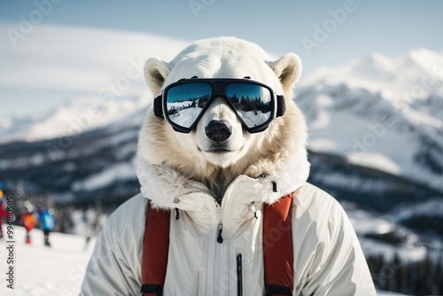 white polar bear in a ski suit