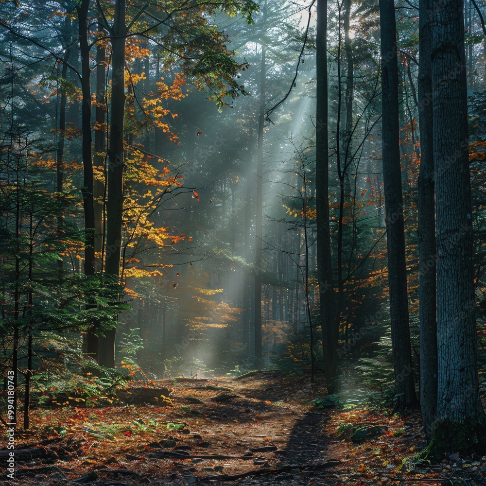Naklejka premium Autumn foggy forest with light rays
